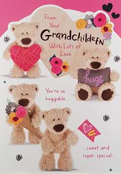 From Your Grandchildren Mothers Day Card - Teddies Holding A Heart & Flowers