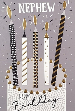 Birthday Card - Nephew / A Cake With Black & Gold Candles