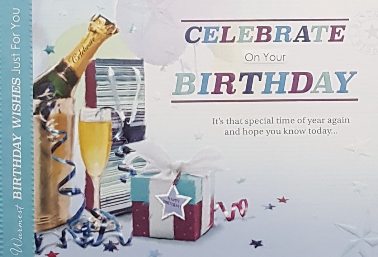 Birthday Card - That Time Of Year Again & Champagne & A Gift Box