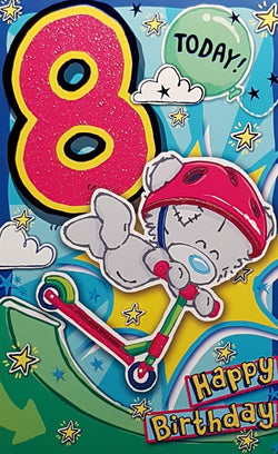 Age 8 Birthday Card - Cool Teddy Riding A Scooter Down The Ramp