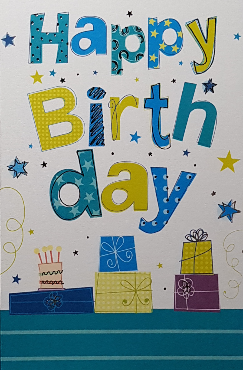 Birthday Card - General Male / Five Gift Boxes & Blue Stars