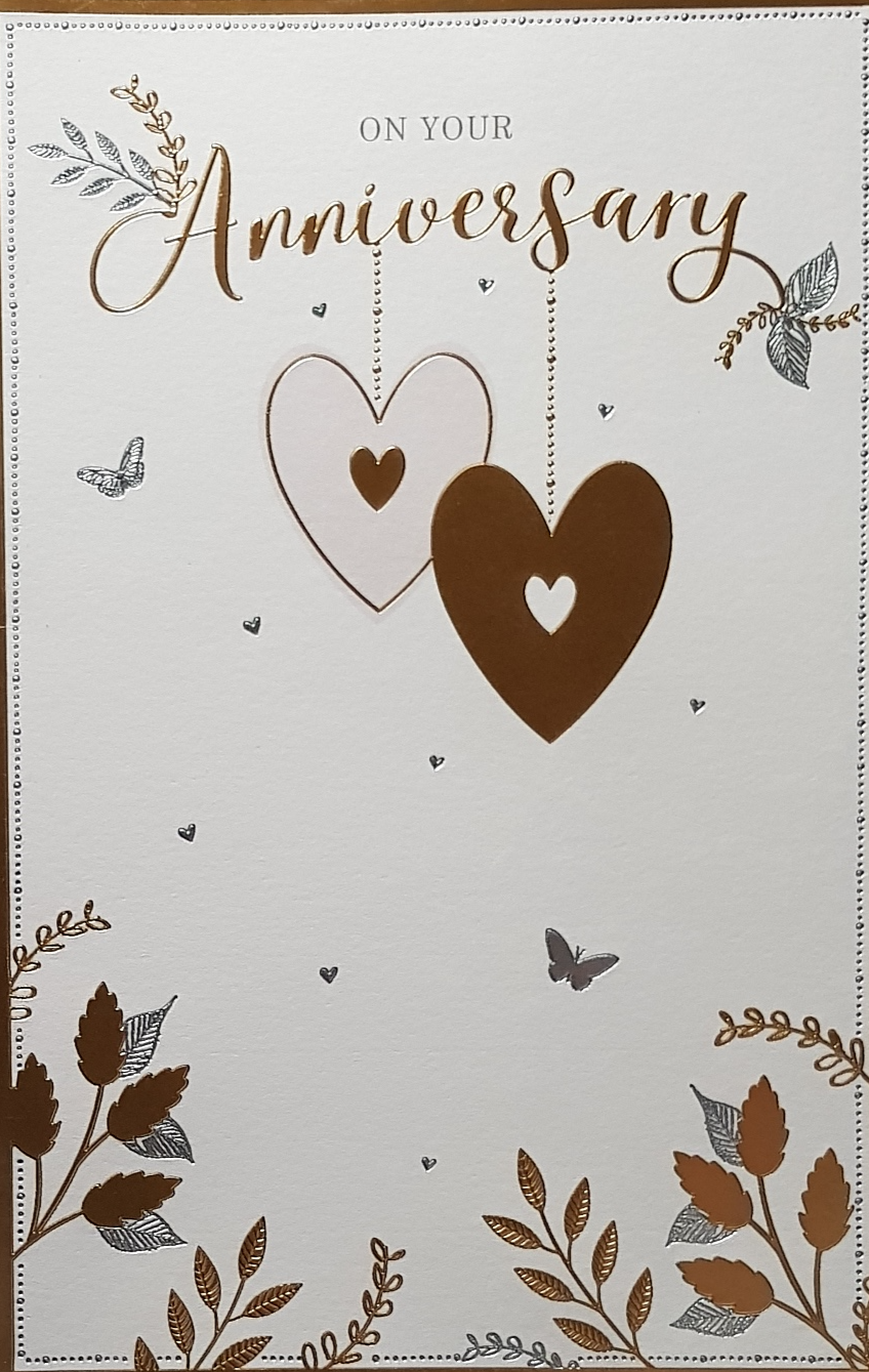 Anniversary Card - Gold Hearts Hanging Over Gold Leaves