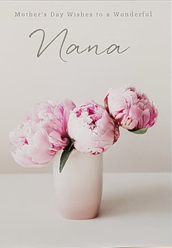 Nana Mothers Day Card - Three Pink Flowers In A White Vase