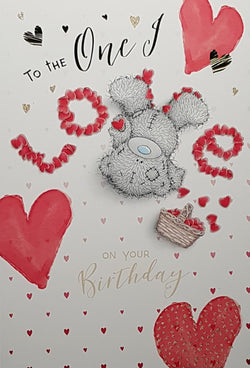 Birthday Card - One I Love / Teddy Upside Down On Hearts Spelling 'Love'