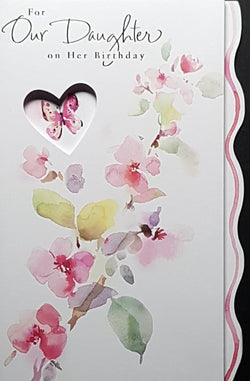 Birthday Card - Daughter / A Pink Butterfly On A White Heart & Flowers
