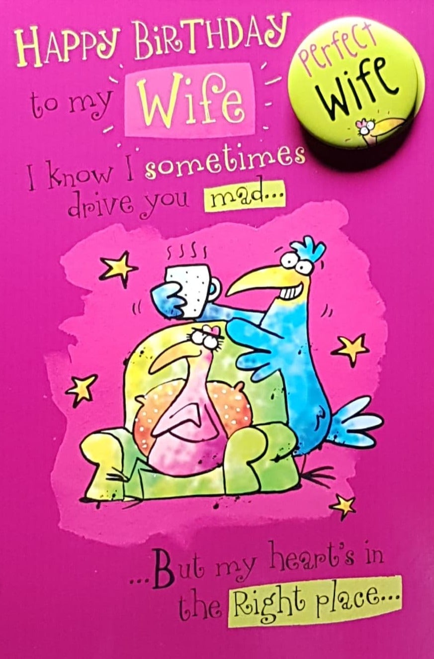 Birthday Card - Wife / Pink & Blue Bird Couple