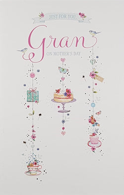 Gran Mothers Day Card - Tea, Cake & Gift Hanging From Strings