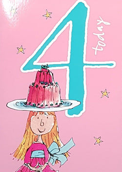 Age 4 Birthday Card - A Girl Balancing A Plate Of Jelly On Her Head