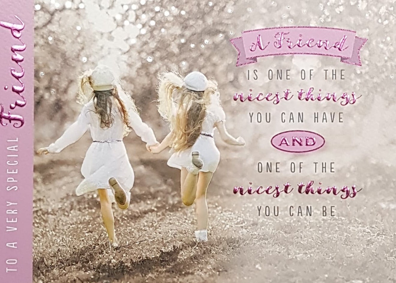 Birthday Card - Special Friend / Two Girls Holding Hands Skipping Into Forest