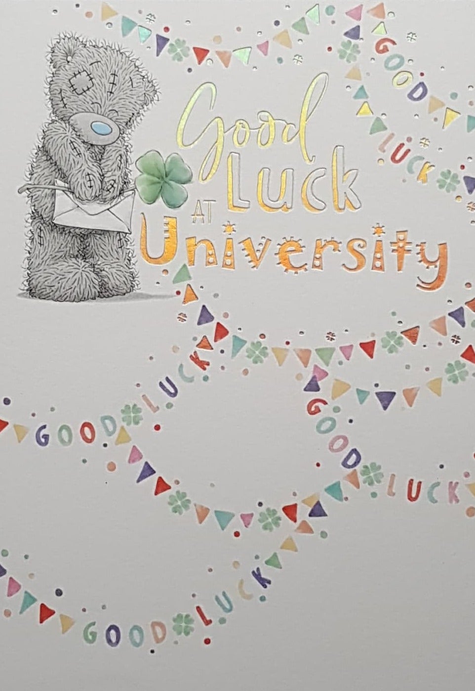 Good Luck Card - University / Teddy With Envelope & Flags