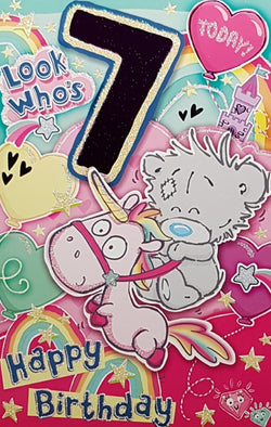 Age 7 Birthday Card - Cute Teddy Riding Unicorn By A Pink Castle