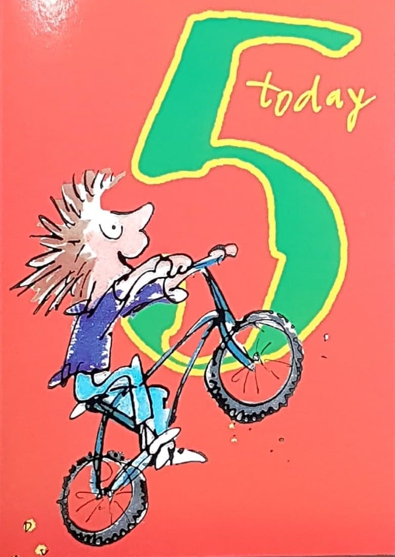 Age 5 Birthday Card - A Kid Doing A Wheelie On A Bicycle On A Red Background