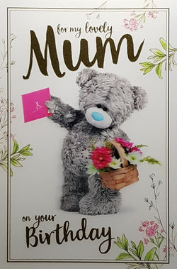 Birthday Card - Mum / Teddy Holding Out A Pink Envelope & A Flower Basket (3D Card)
