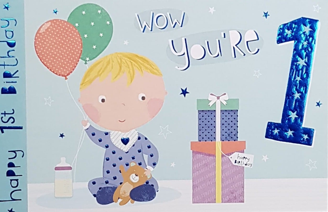 Age 1 Birthday Card - A Little Boy With A Teddy & Balloons Wants To Open Gifts