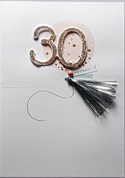 Age 30 Birthday Card - A Sparkly Gold '30' Balloon & A Tassel