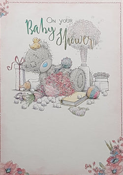 Baby Shower Card - A Relaxed Teddy & A Glittery Frame