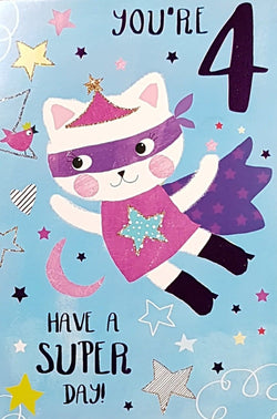 Age 4 Birthday Card - A Super Hero White Kitten With A Purple Cape ( With Stickers)
