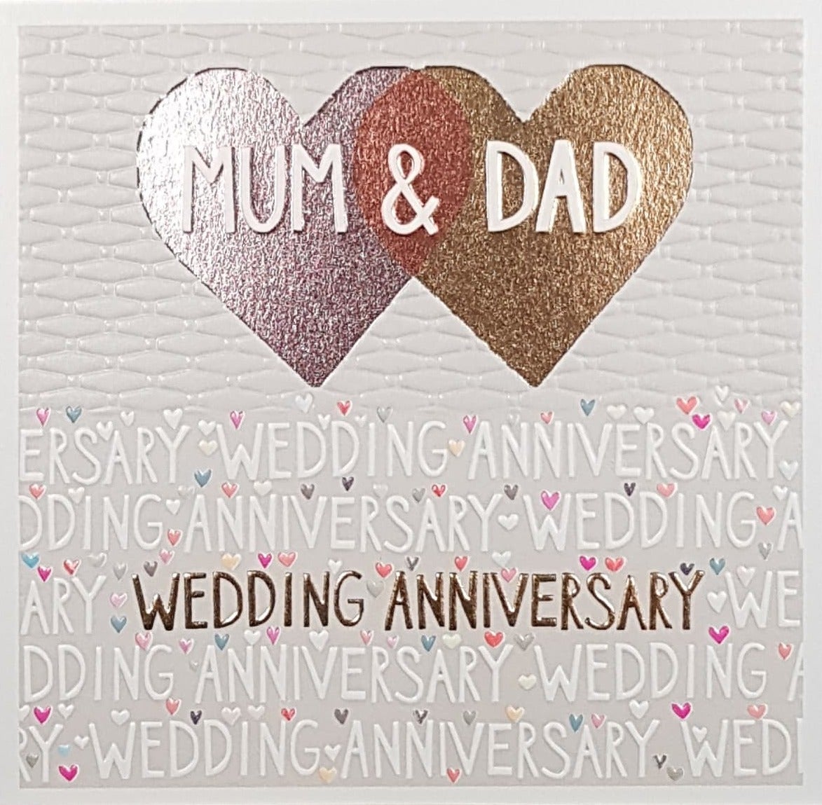Anniversary Card - Mum & Dad / Two Gold Hearts Overlapping