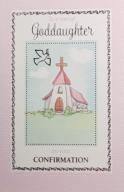 Confirmation Card - Goddaughter / Dove & Fancy Frame & Pink Background