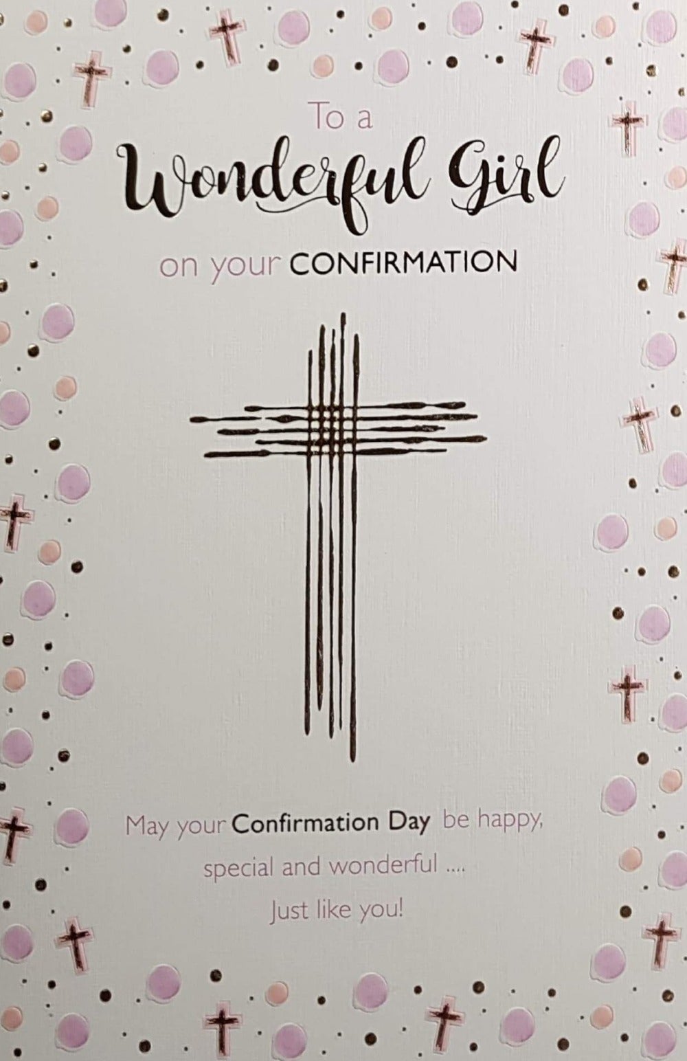 Confirmation Card - Girl /  Goldish Stripe Cross & Be Happy