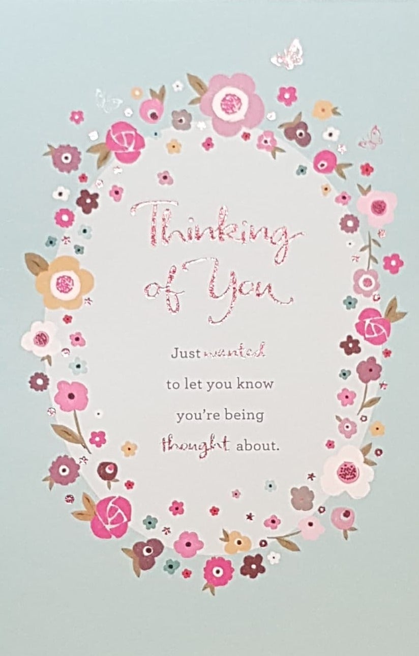 Thinking Of You Card - A Wreath Of Pink Flowers & A White Butterfly