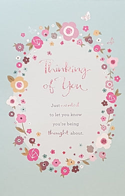 Thinking Of You Card - A Wreath Of Pink Flowers & A White Butterfly