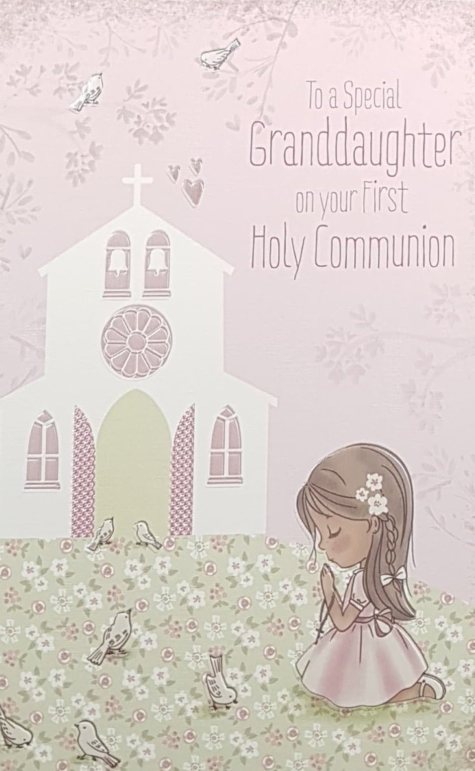 Communion Card - Granddaughter / A Pretty Girl Praying & White Birds