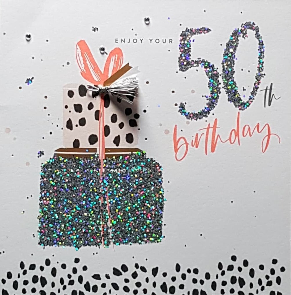 Age 50 Birthday Card - Sparkly Silver 50 & Gift Boxes & Tassel