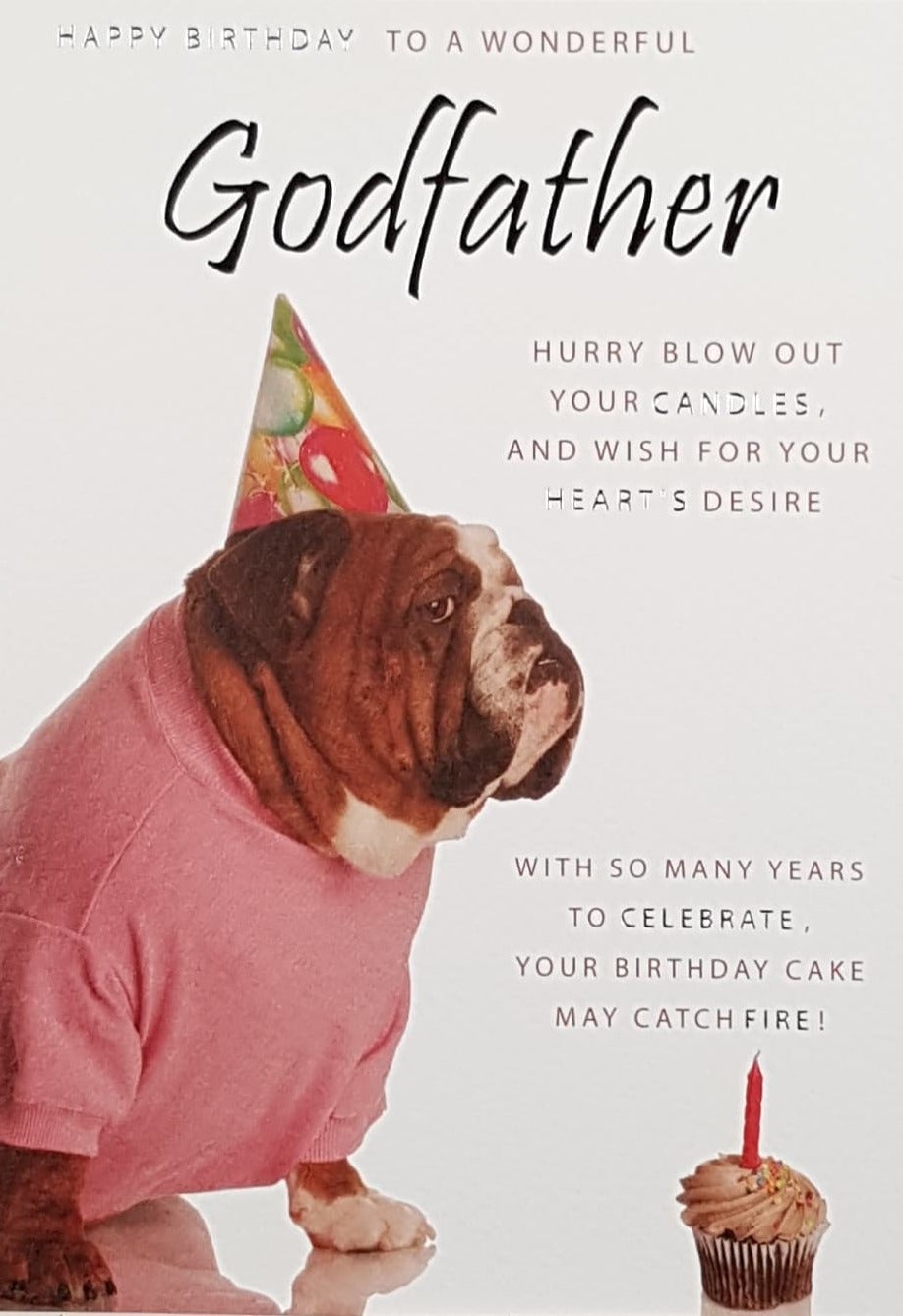 Birthday Card - Godfather / A Pug Wearing Pink T-Shirt & A Party Hat