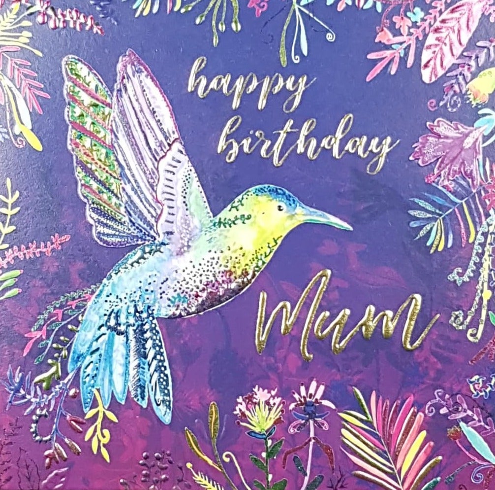 Birthday Card - Mum / A Beautiful Hummingbird On A Purple Front
