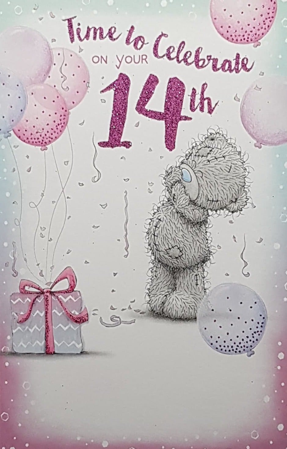 Age 14 Birthday Card - 'Time To Celebrate' & Teddy & Gift Box with Pink Bow