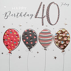 Age 40 Birthday Card - Colourful Balloons & Shiny Stars