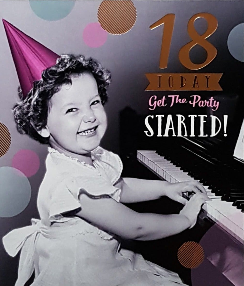 Age 18 Birthday Card - Happy Child In A Party Hat Playing Piano
