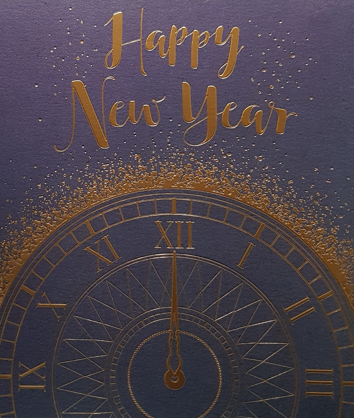 New Year Card - Gold Font & Big Clock on Purple Background