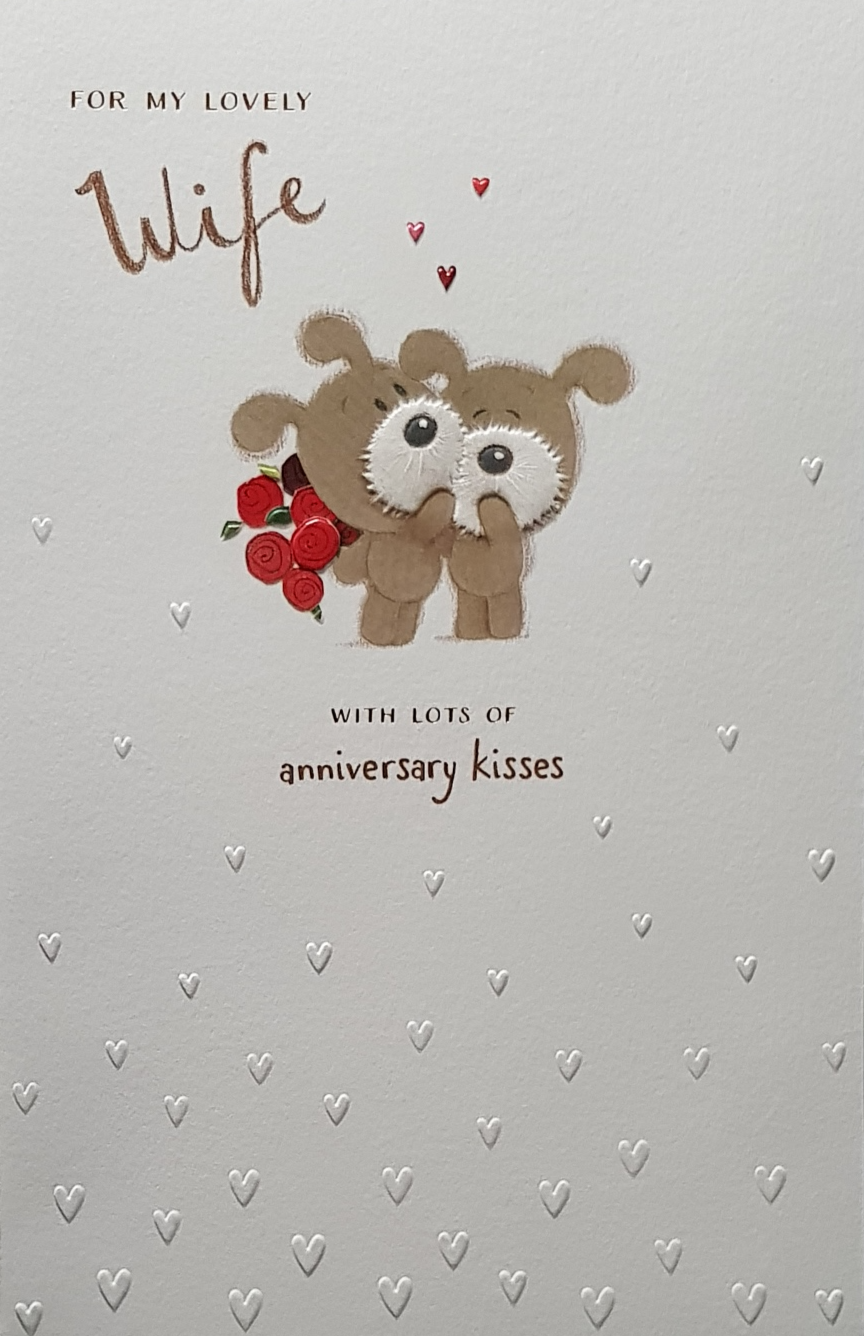 Anniversary Card - Wife / Cute Bear Couple Holding Bunch Of Roses
