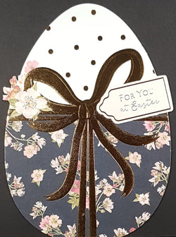 Easter Card - For You / Egg-Shaped Card Wih Flowers & A Gold Bow