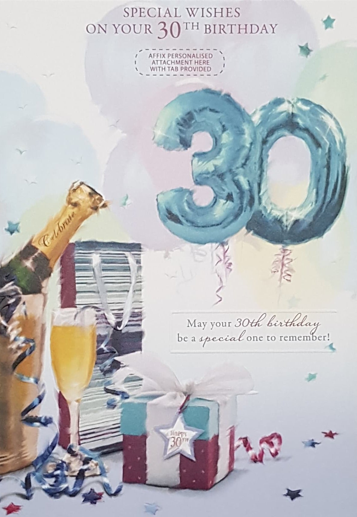 Personalised Card - Age 30 Birthday / Blue No 30 Balloons & Champagne