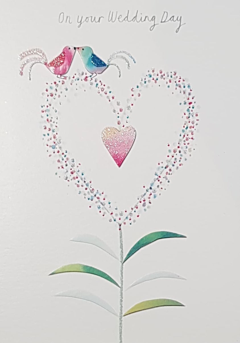 Wedding Card - General / Pink & Blue Love Birds on Heart Flower