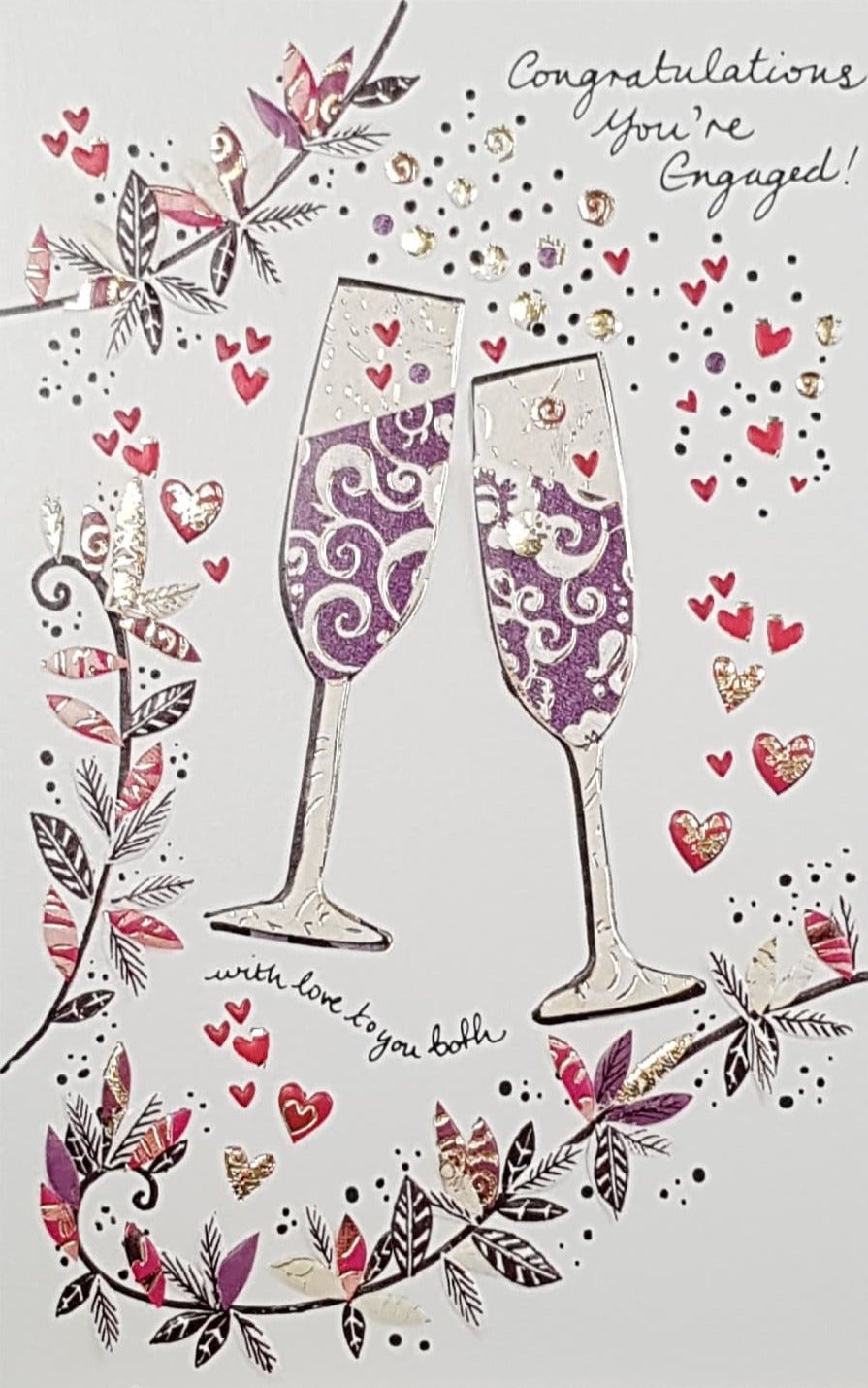Engagement Card - Congratulations / Two Purple Jeweled Champagne Glasses & Hearts