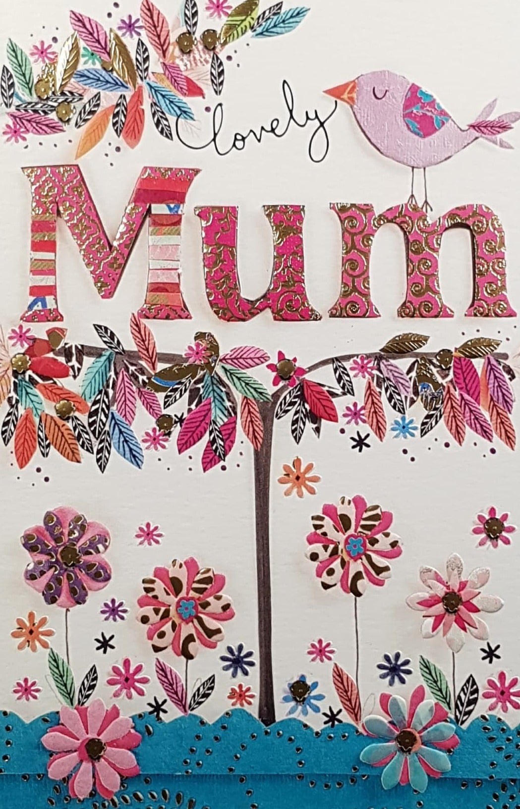 Birthday Card - Mum /  Pink Bird &  Colourful Tree Leaves