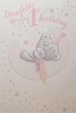 Age 1 Birthday Card - Daughter / Teddy Wearing A Pink Hat Sleeping On The Moon & Pink Stars