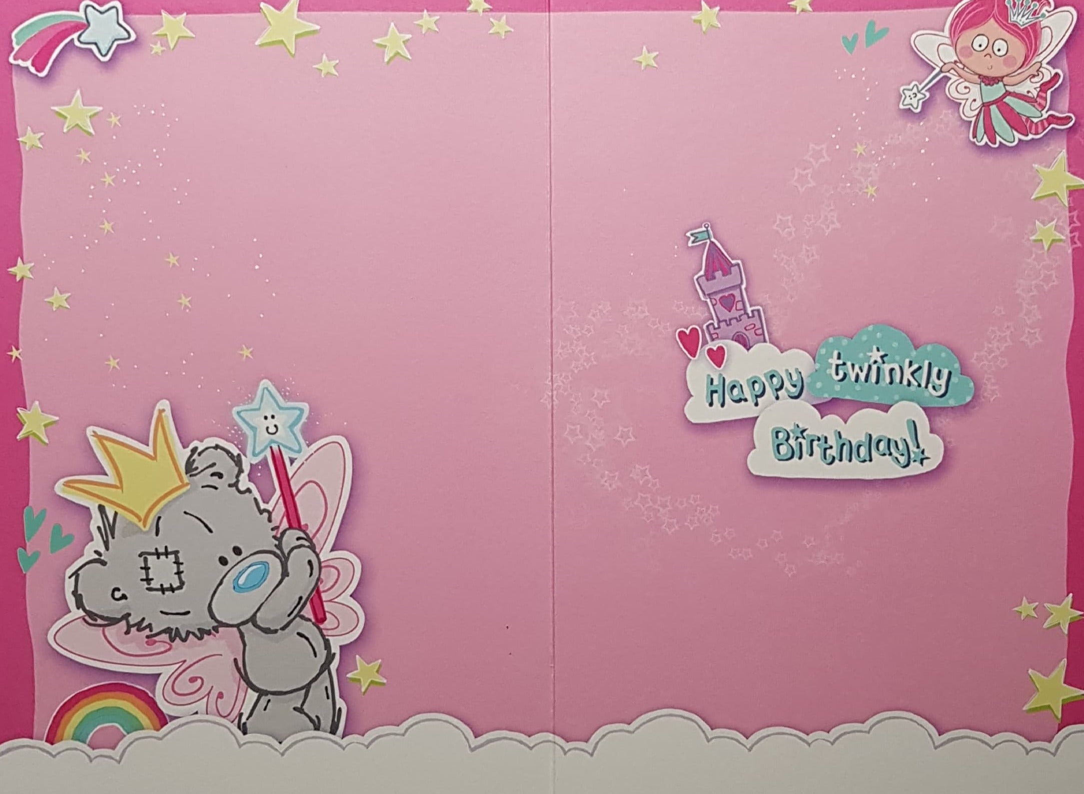 Age 4 Birthday Card - Cute Teddy Fairy & Rainbows & A Castle