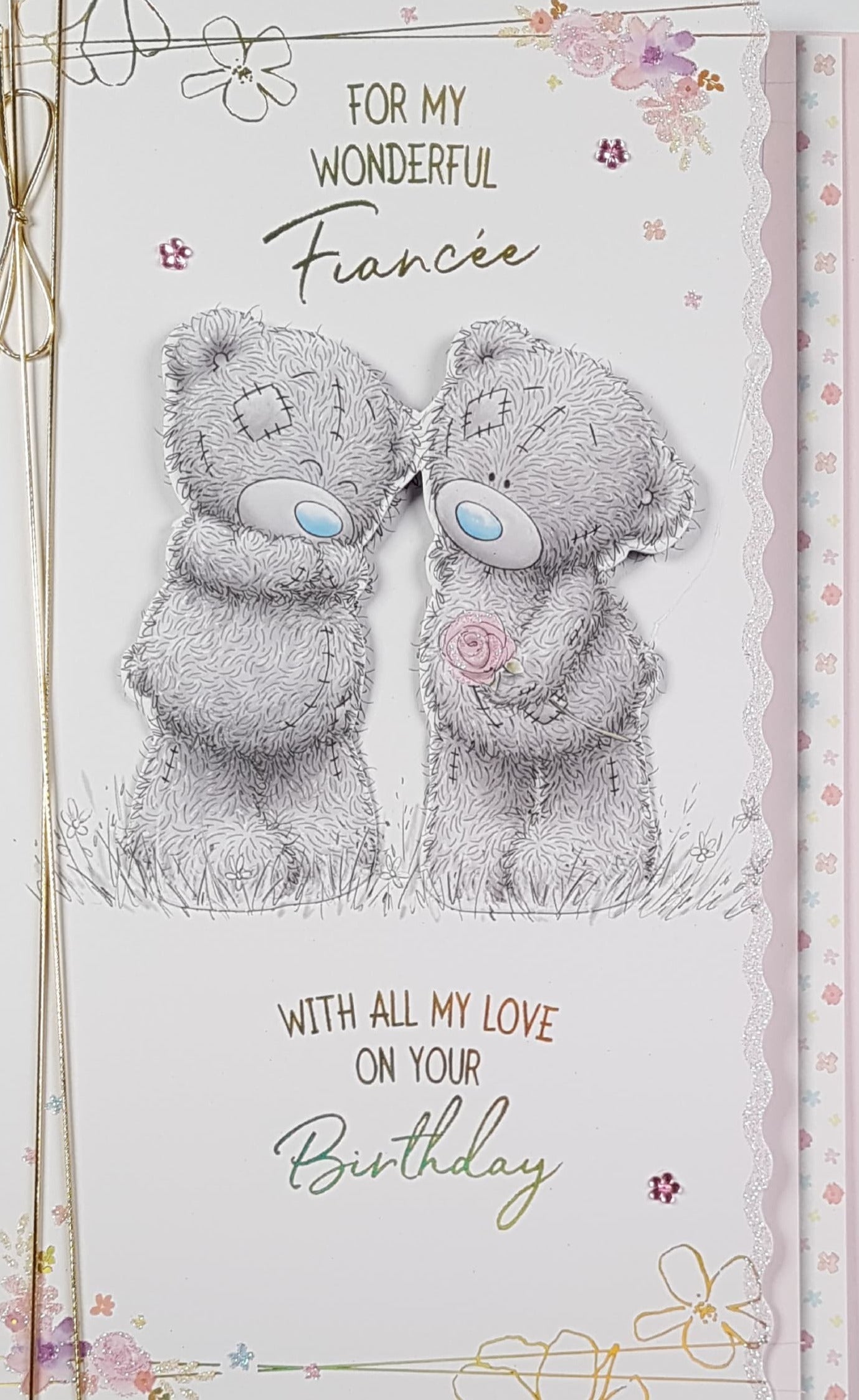 Birthday Card - Fiancee / Two Cute Teddy Bears Holding A Pink Rose