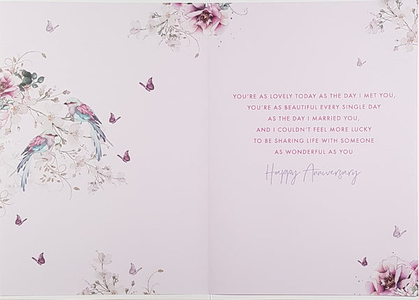 Anniversary Card - Wife / Pink Birds & A Pink Floral Border - Card ...