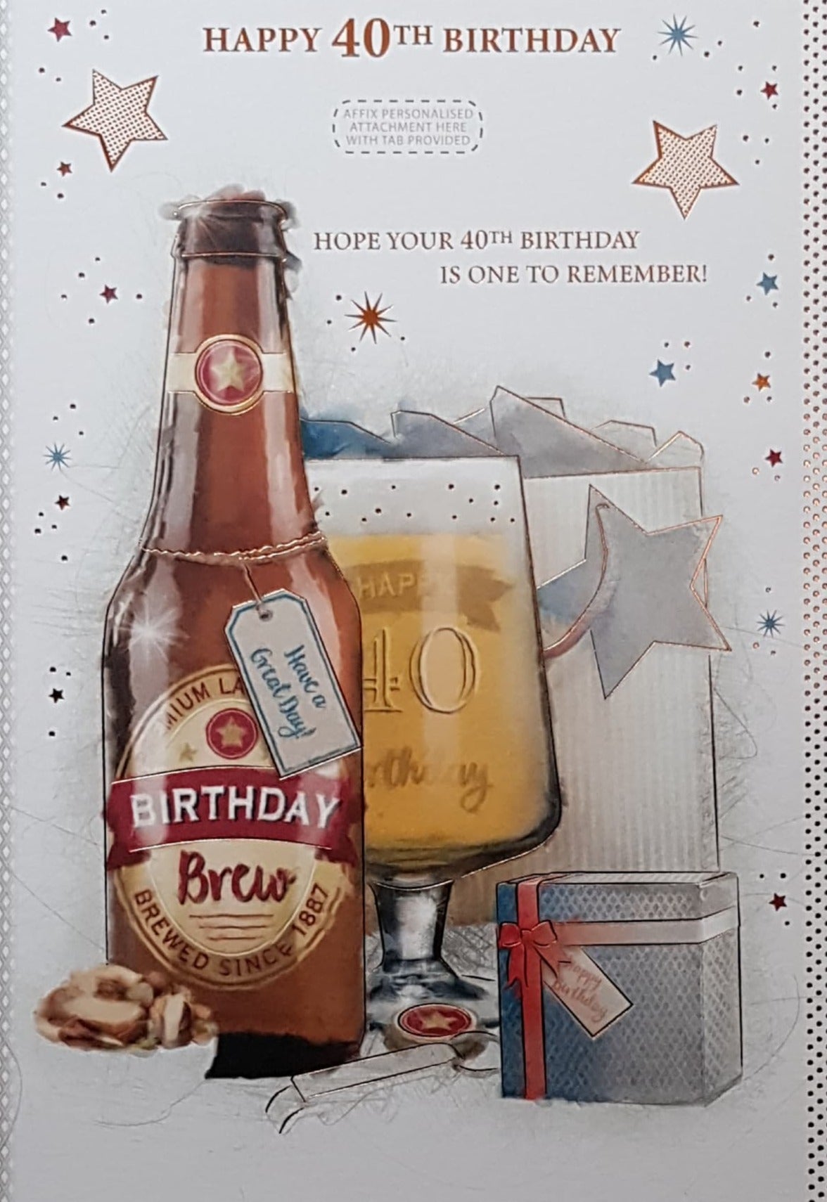 Personalised Card - Age 40 Birthday / A Beer Bottle & A Glass & A Blue Gift Box