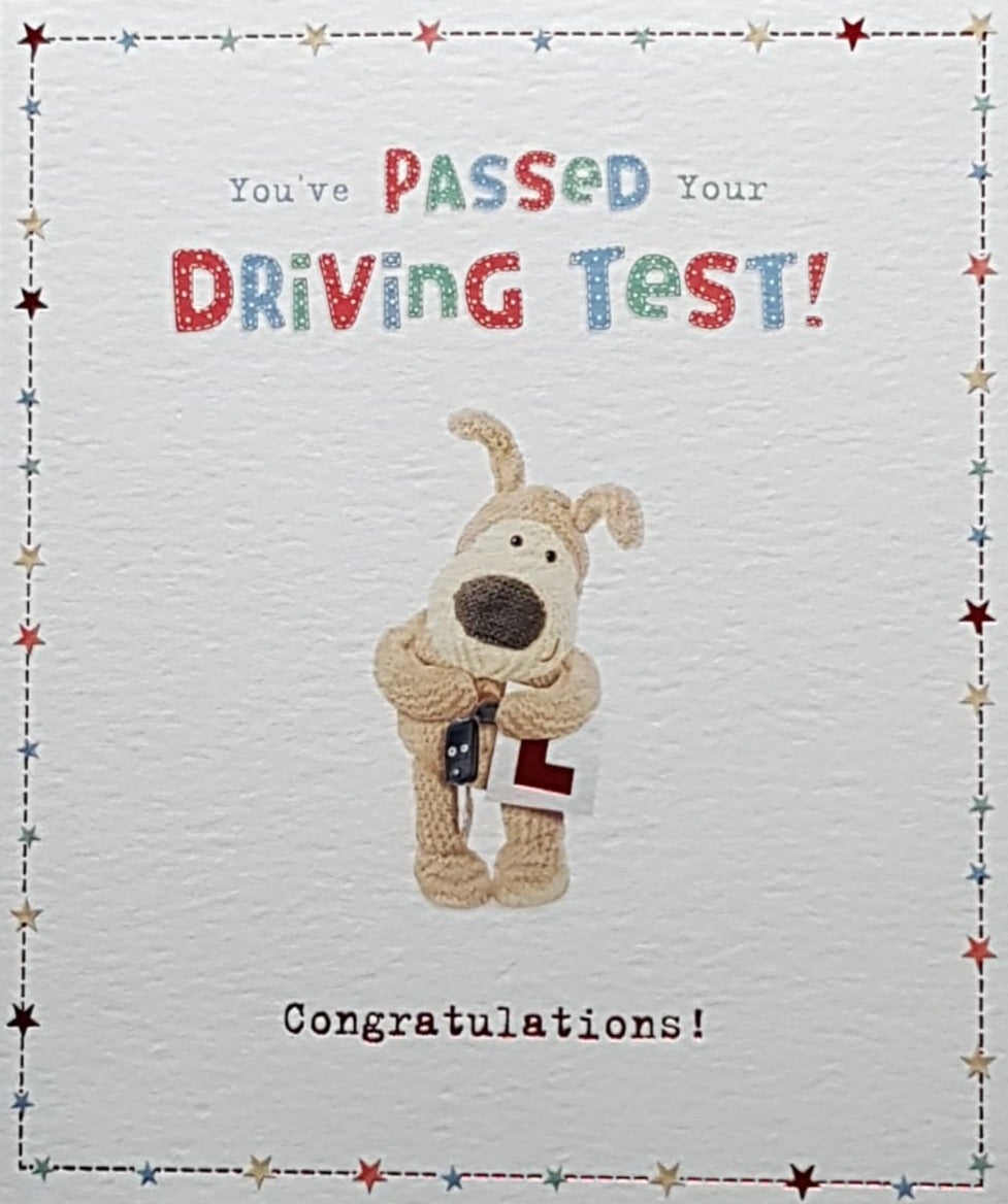 Congratulations Card - Pass Your Driving Test / A Stuffed Dog With L Sign
