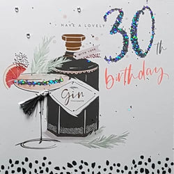 Age 30 Birthday Card - A Bottle Of Gin & A Pink Glass & A Tassel