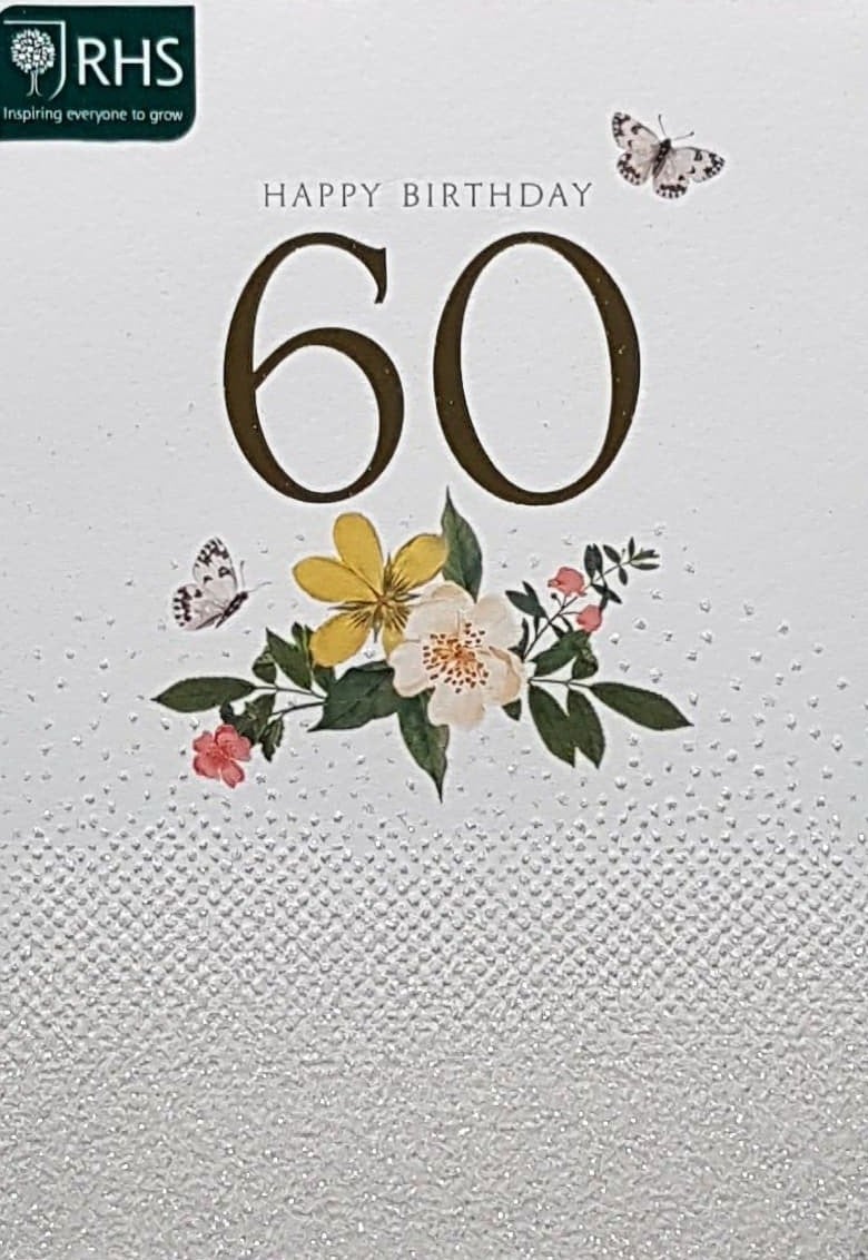 Age 60 Birthday Card - White Butterflies & Beautiful Flowers