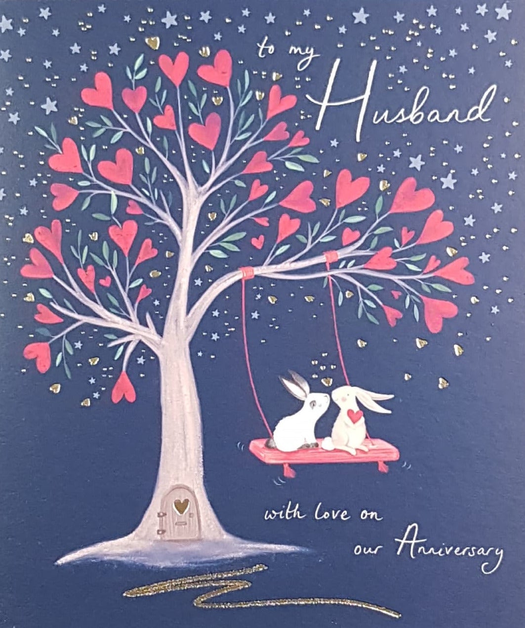 Anniversary Card - Husband / Two Rabbits Swinging From A Heart Tree