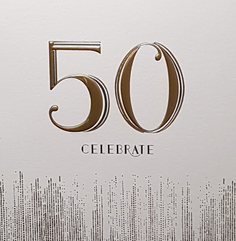 Age 50 Birthday Card - Gold Font On Light Pink Background